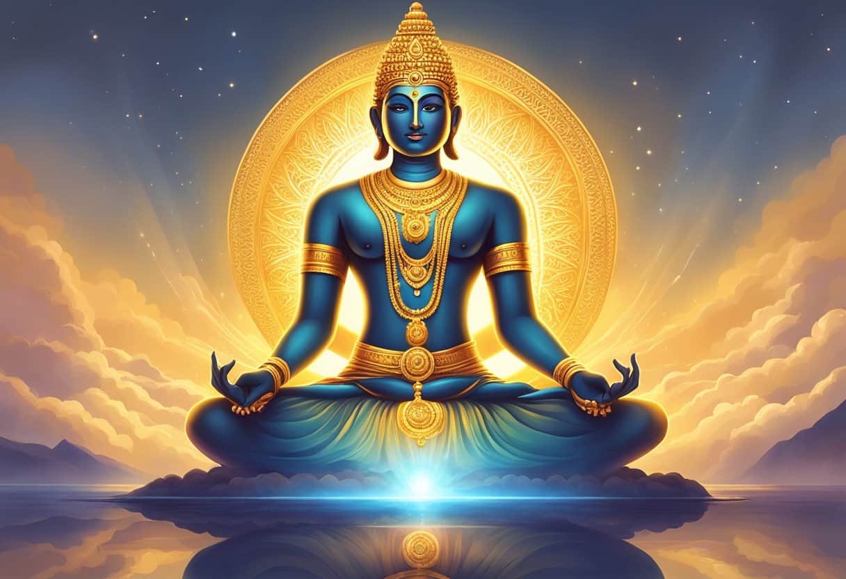 A radiant, golden aura emanates from the anandamaya kosha, surrounded by a soft, ethereal glow
