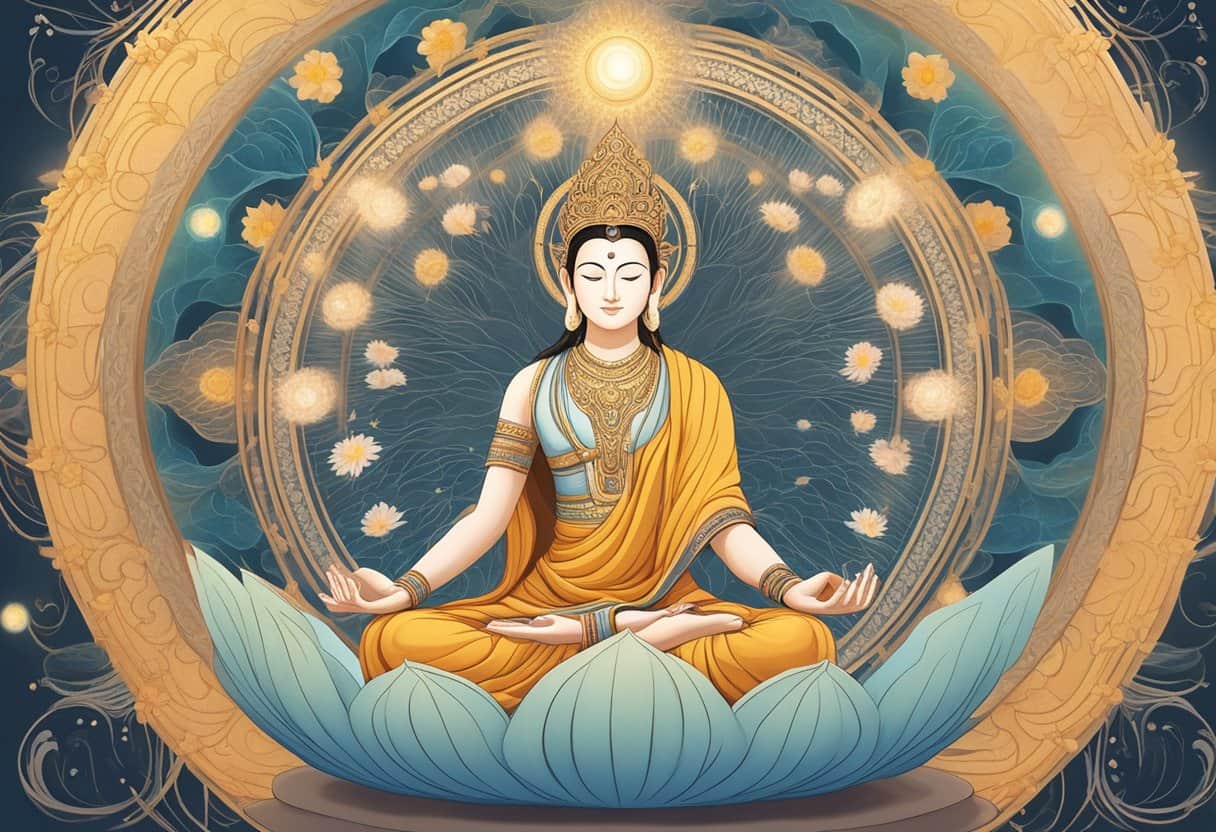 A serene figure sits in lotus position, surrounded by floating scrolls and radiant light, emanating a sense of wisdom and compassion