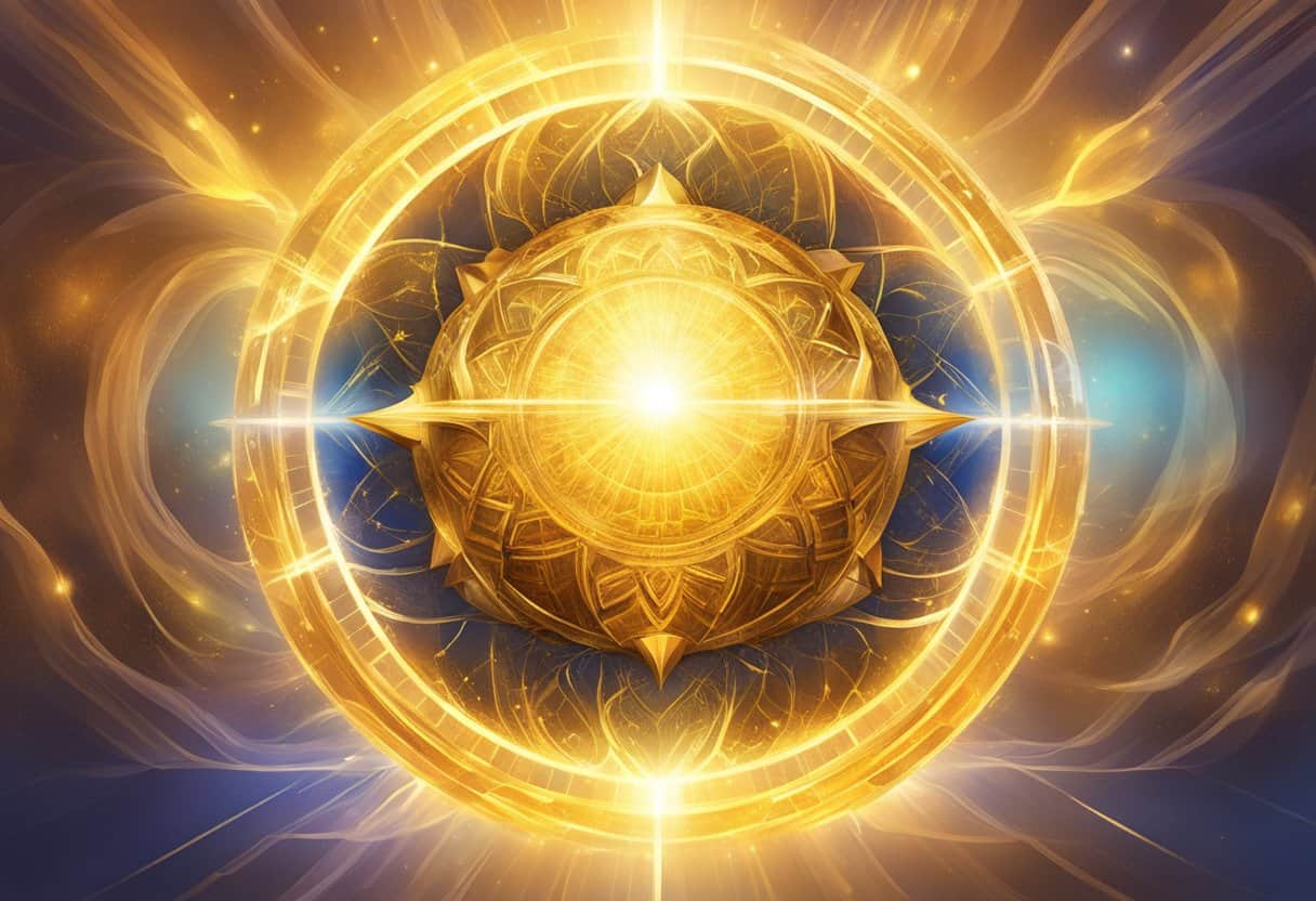 A radiant, golden sphere emanating from within, surrounded by vibrant energy and light, representing the anandamaya kosha