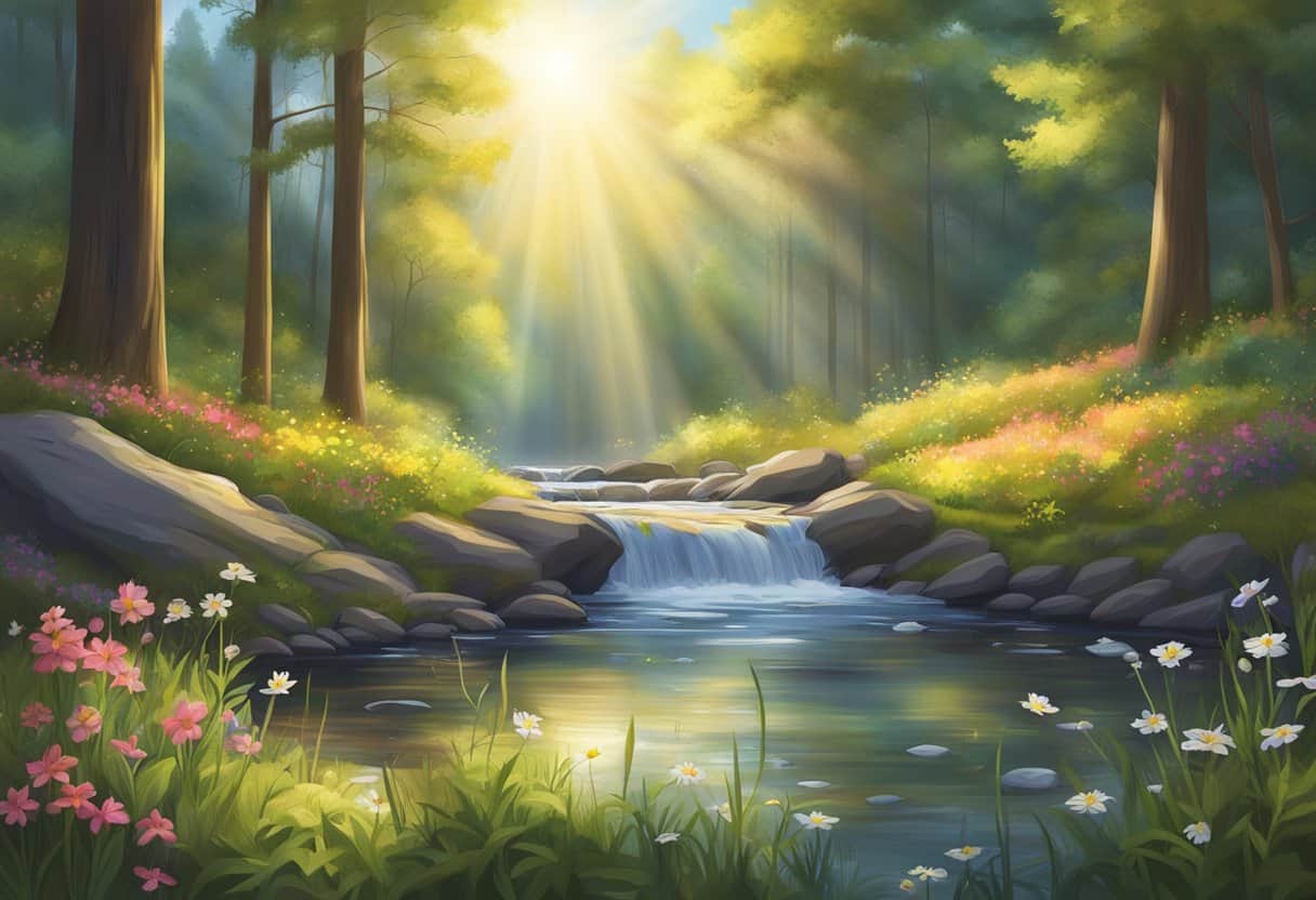 A serene forest clearing, with sunlight filtering through the canopy onto a bed of vibrant wildflowers and a gentle stream flowing nearby