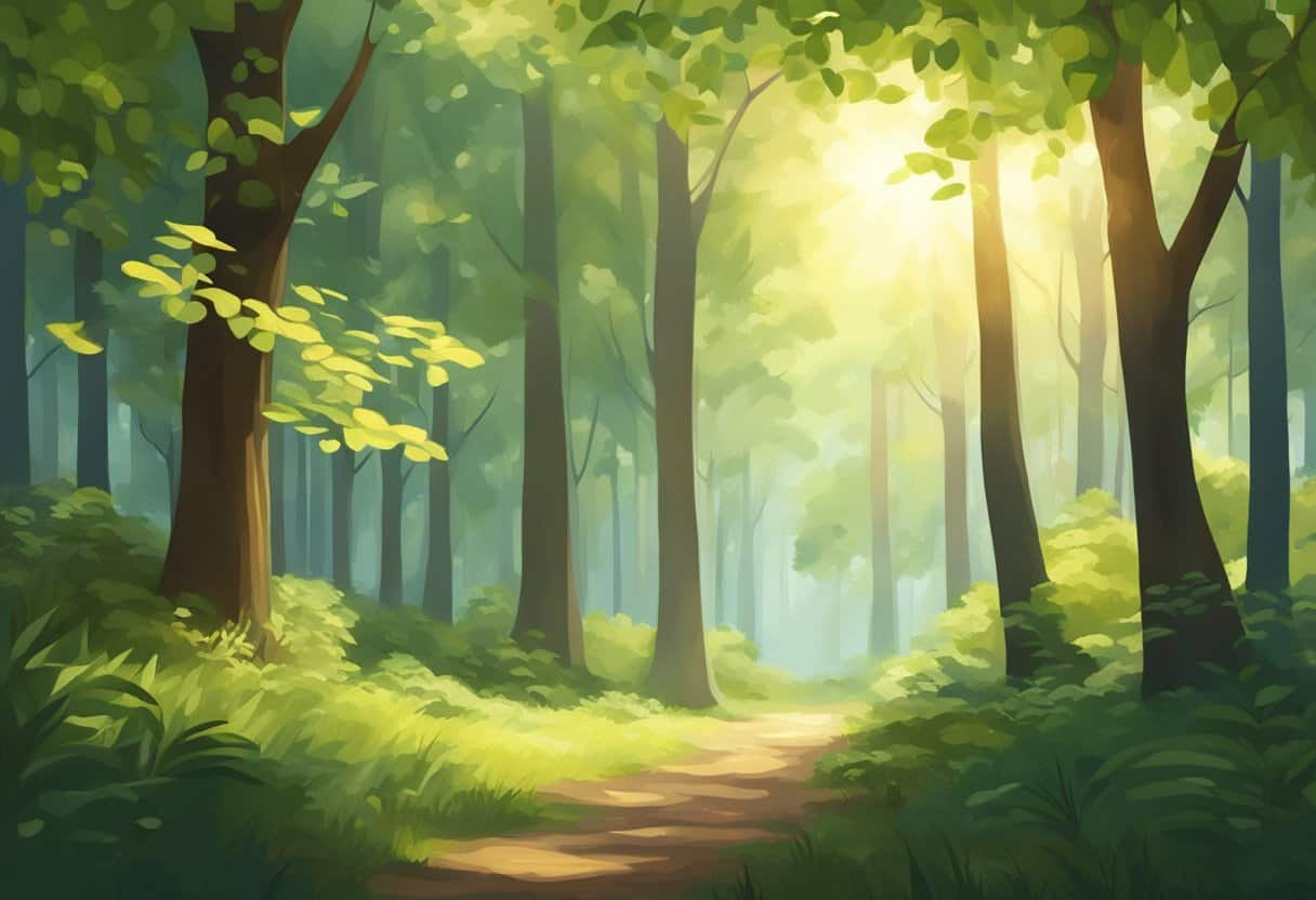A serene forest clearing with sunlight filtering through the trees, a gentle breeze rustling the leaves, and a sense of calm and balance in the air