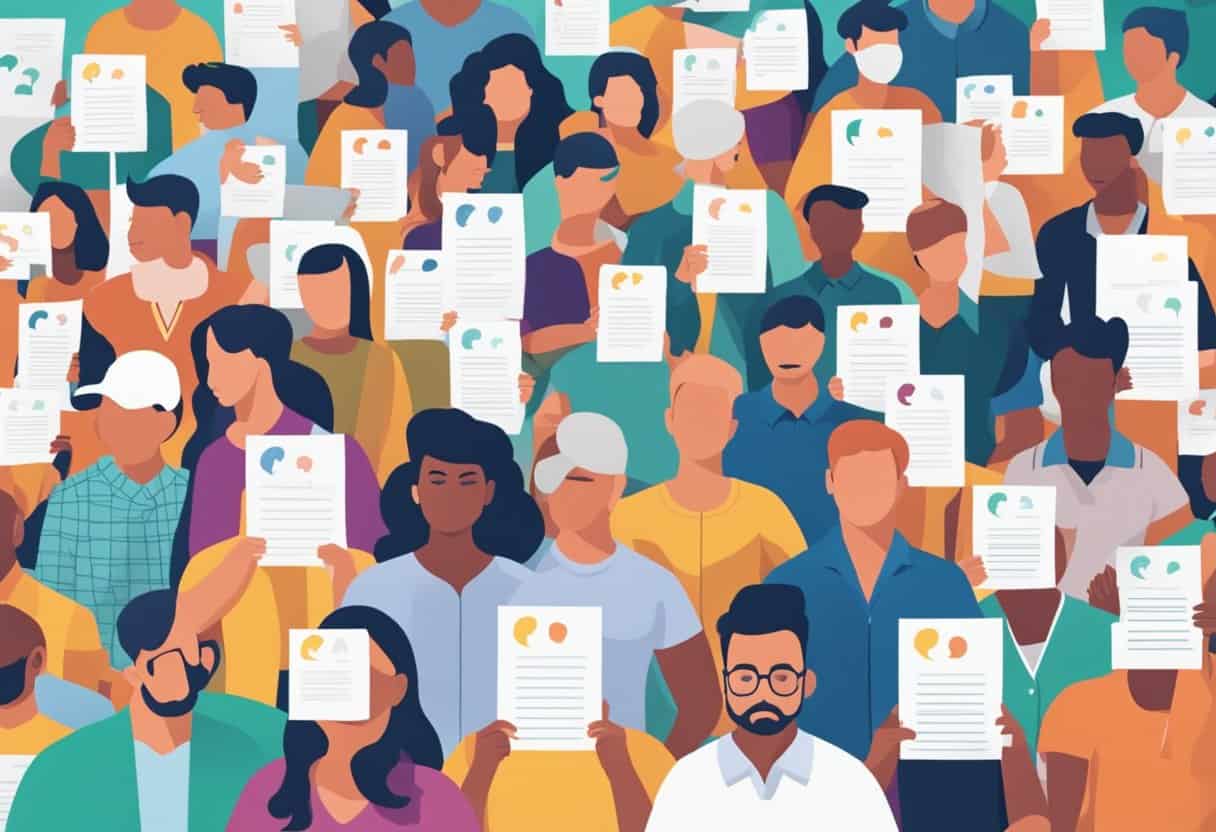 A stack of FAQ sheets with "Vyana" printed on top, surrounded by a diverse group of people with question marks above their heads