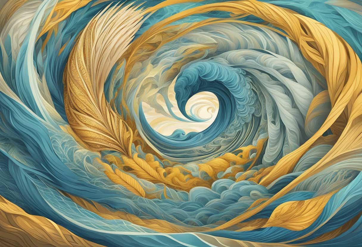 Vyana Vayu, a vital energy, flows through swirling winds, symbolized by dynamic, intertwining patterns of air and energy