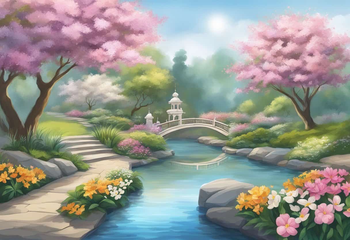 A serene garden with flowing water, blooming flowers, and a peaceful atmosphere, symbolizing the key concepts of Sufism