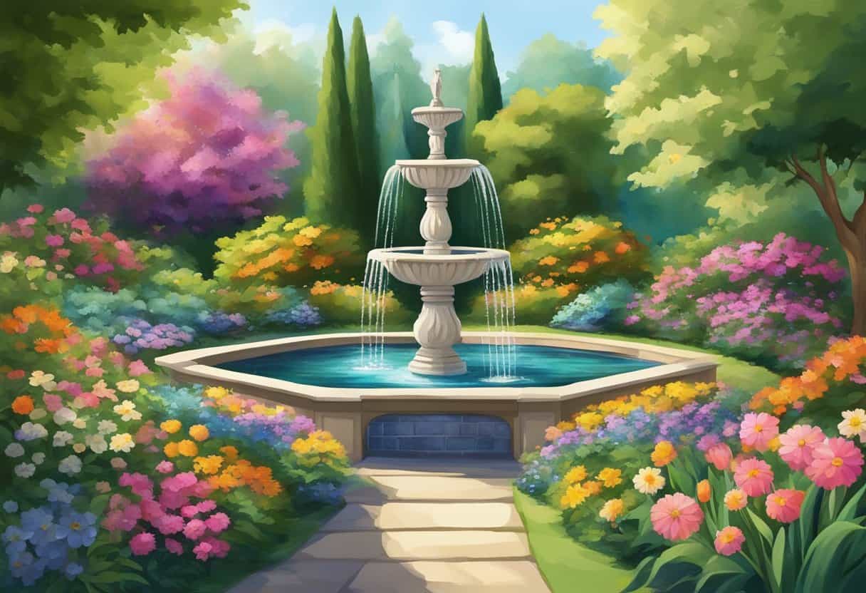 A tranquil garden with a flowing fountain, surrounded by colorful flowers and lush greenery, evoking a sense of peace and spirituality