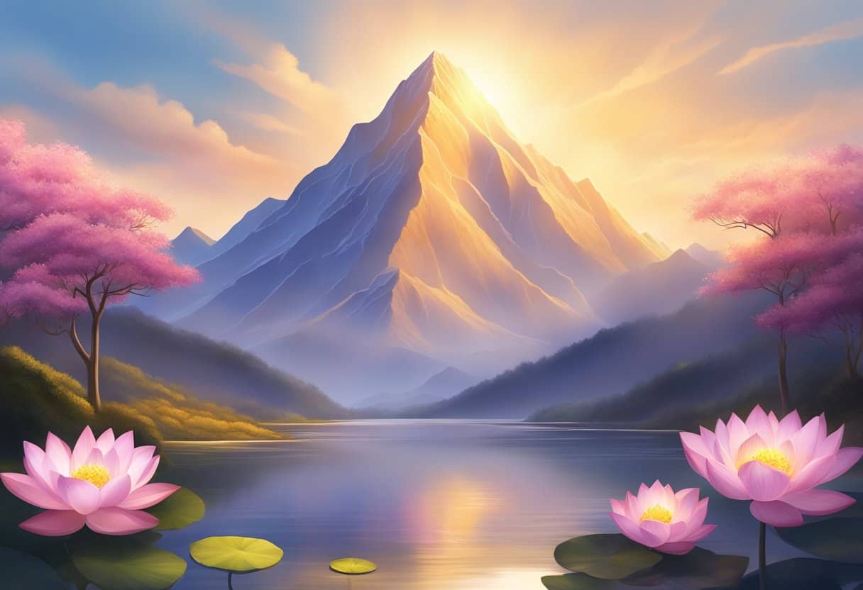 A serene mountain peak with a glowing lotus flower at its summit, surrounded by rays of golden light