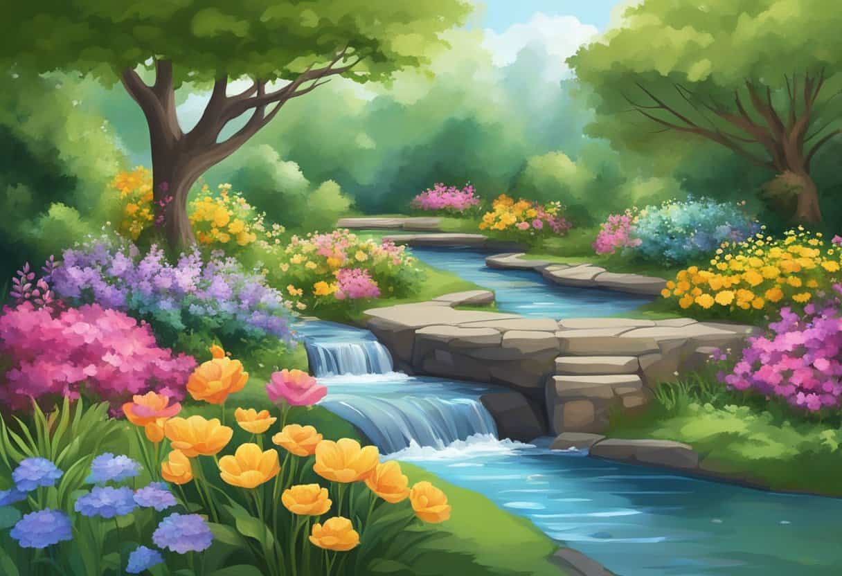 A tranquil garden with a flowing stream, surrounded by lush greenery and colorful flowers, with a sense of peace and spiritual connection