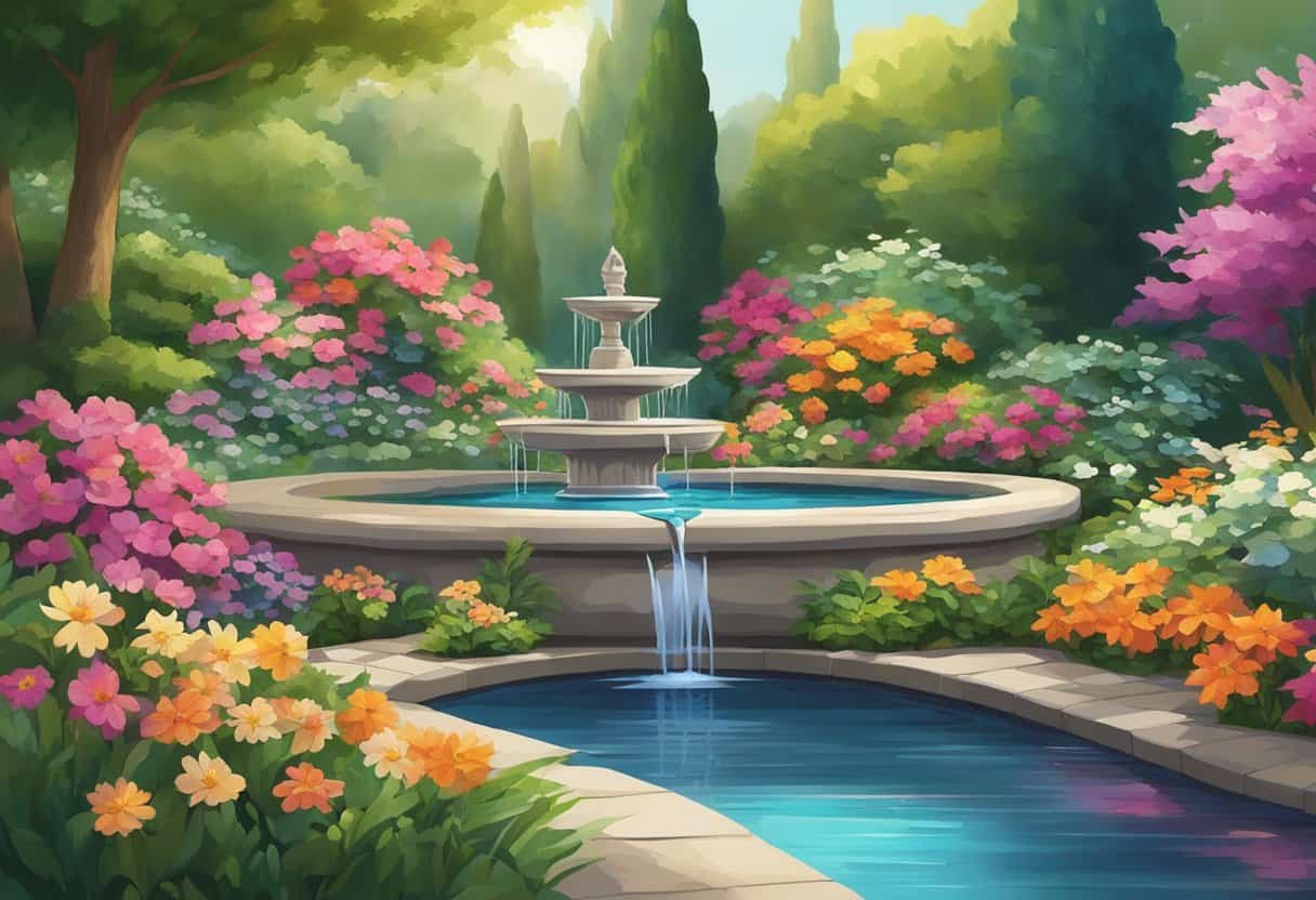 A tranquil garden with a flowing fountain, surrounded by vibrant flowers and lush greenery, evoking a sense of peace and spiritual harmony