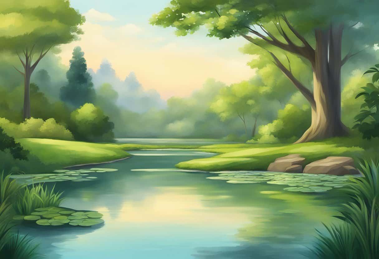 A serene landscape with a tranquil pond, surrounded by lush greenery and a sense of harmony and balance