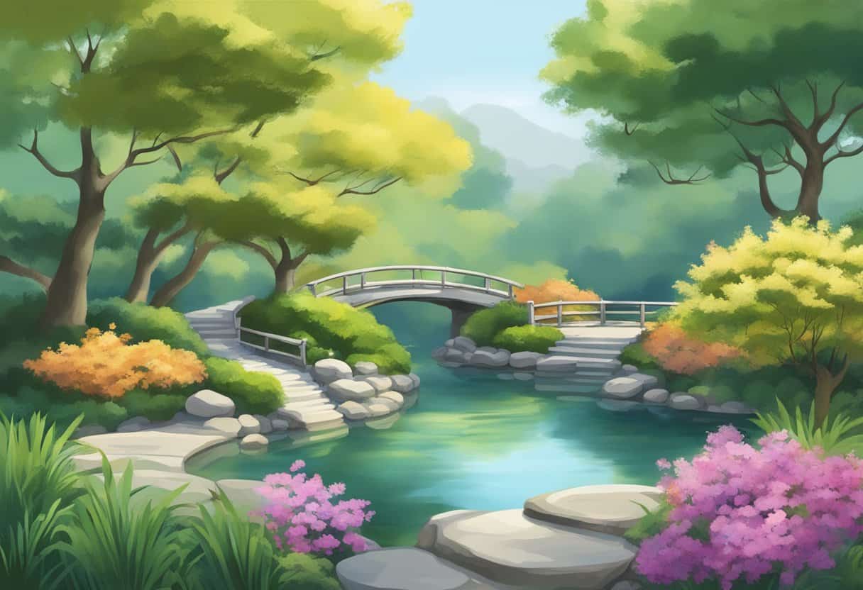 A serene garden with flowing water and stillness, representing the concept of wu wei