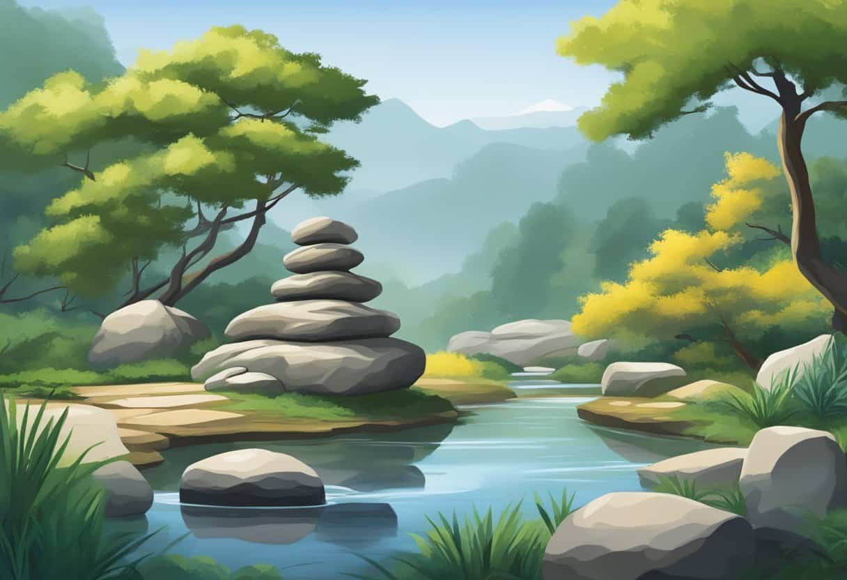 A tranquil garden with flowing water and balanced rock formations, representing the concept of Wu Wei