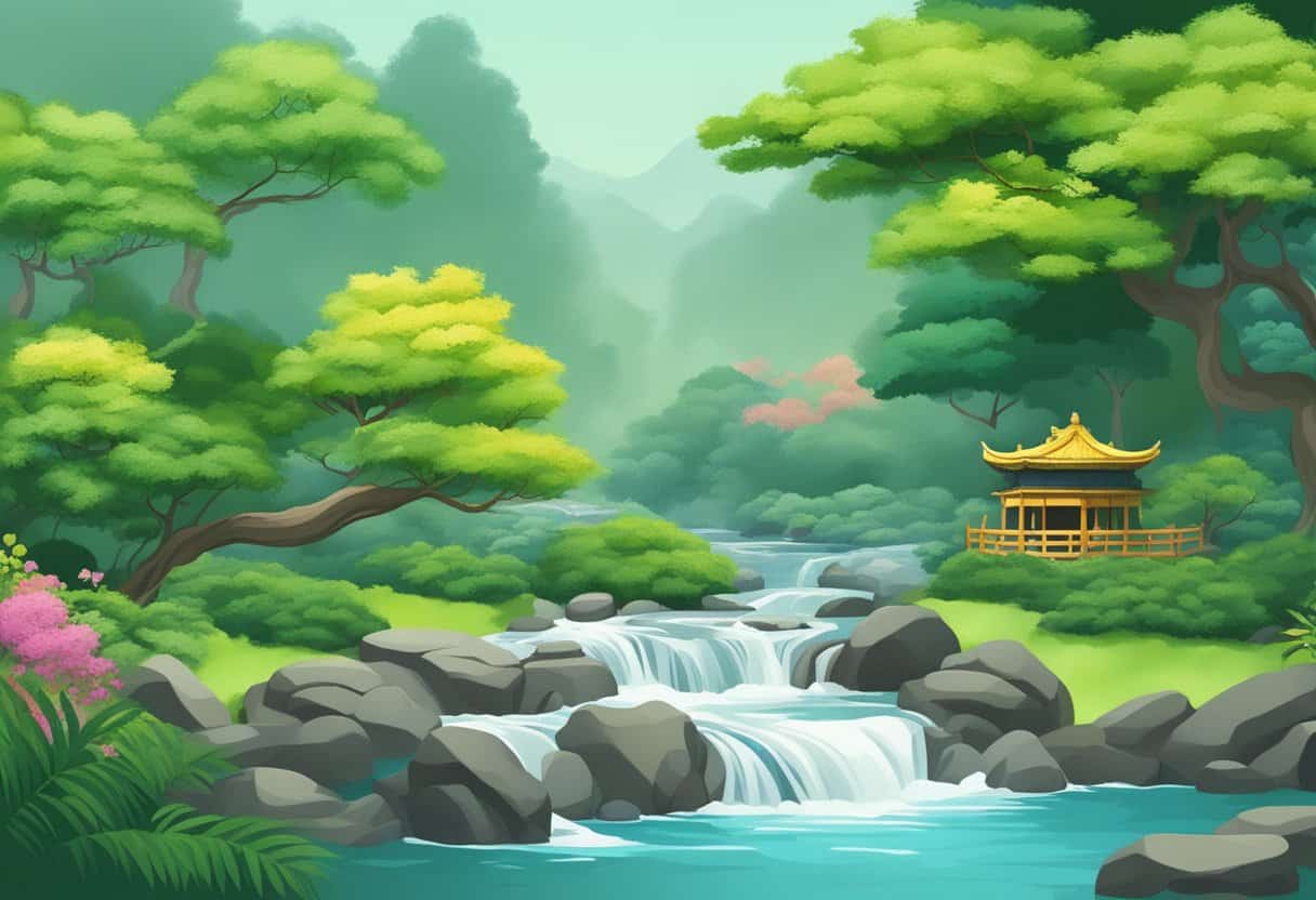 A tranquil garden with flowing water and lush greenery, symbolizing the concept of wu wei in Taoism and Eastern philosophy