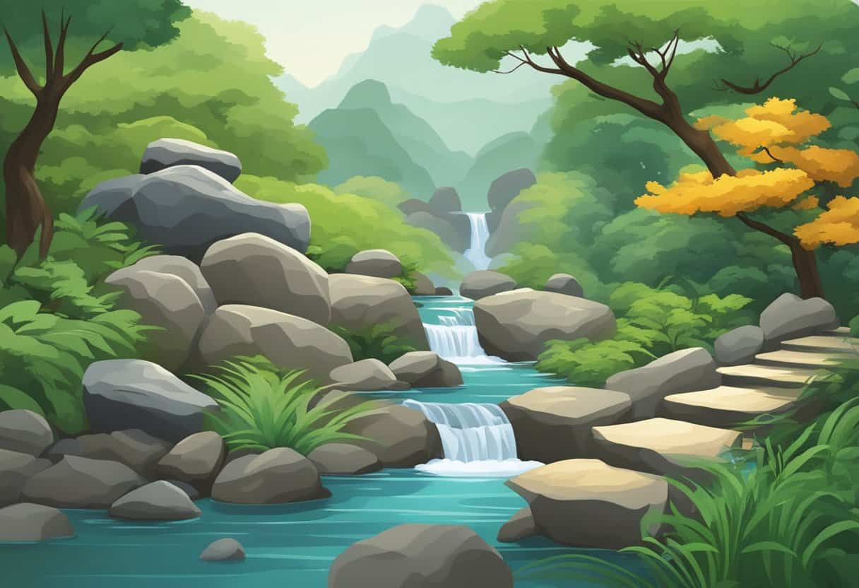 A tranquil garden with flowing water, balanced rocks, and lush greenery embodies the concept of wu wei