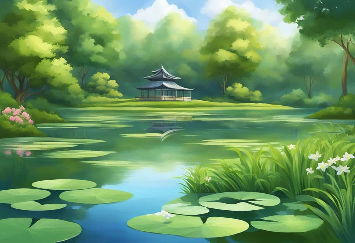A serene pond surrounded by lush greenery, with a tranquil atmosphere and a sense of balance and harmony