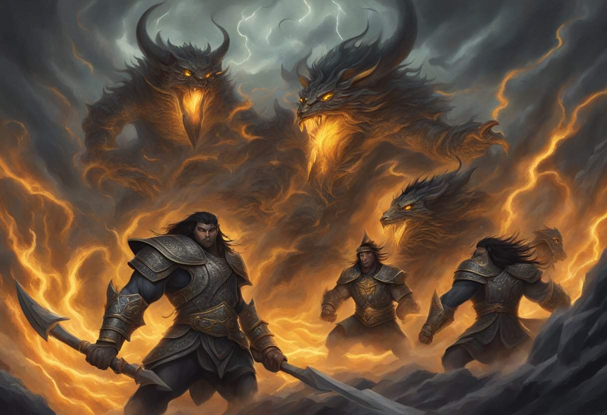 A group of powerful, menacing creatures, the Asuras, emerge from the depths of a fiery underworld, surrounded by swirling dark clouds and crackling bolts of lightning