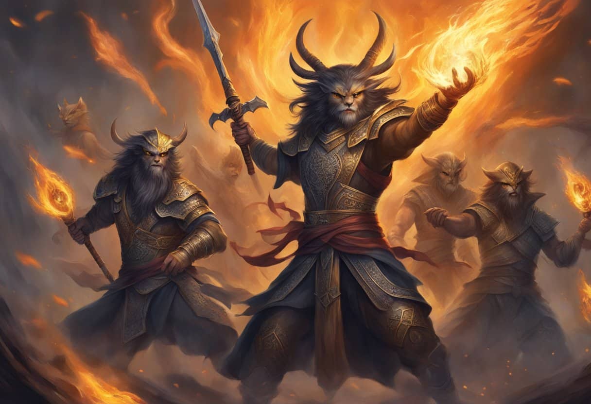 Fierce asuras battle in a fiery underworld, wielding weapons and conjuring dark magic