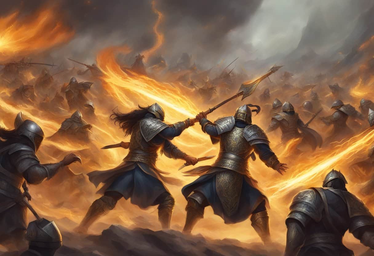 Epic asuras clash in a fiery battlefield, wielding powerful weapons and summoning dark magic to vanquish their foes