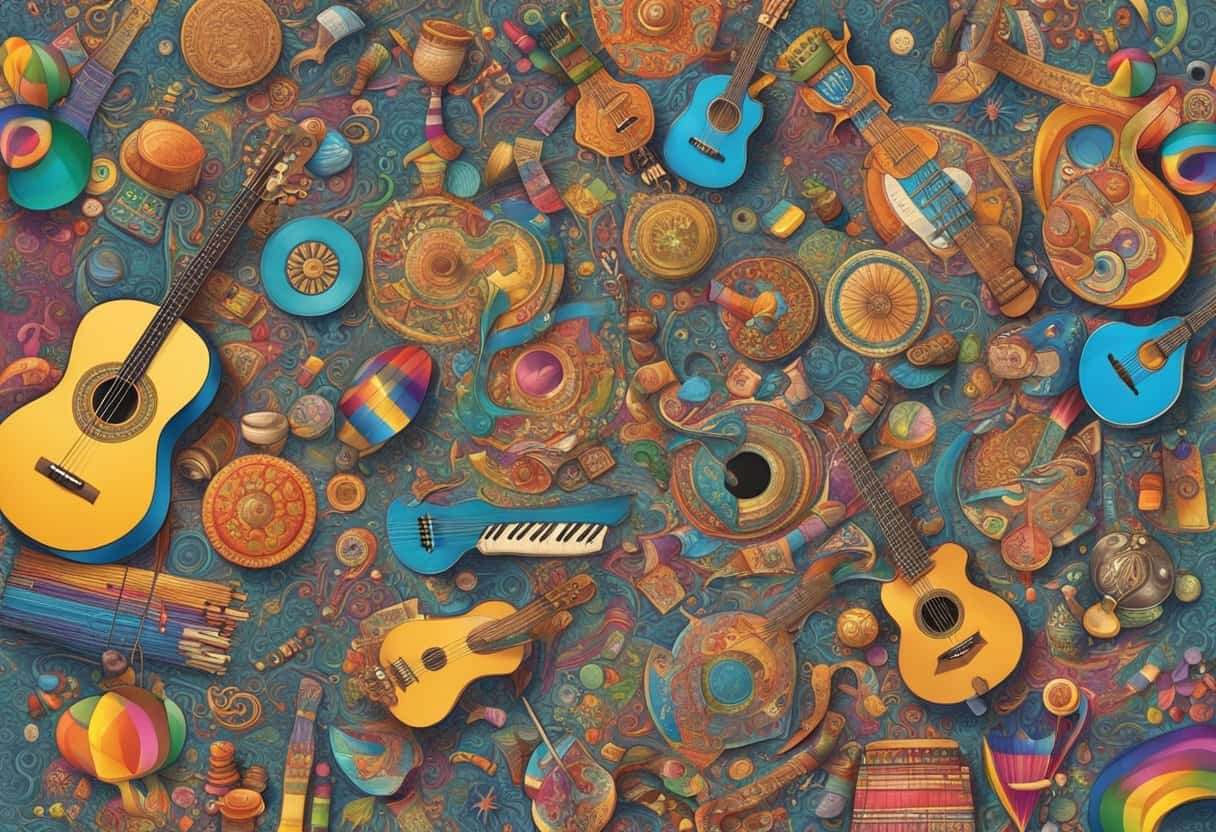 Colorful cultural symbols and diverse languages intertwine in a vibrant tapestry of art and music