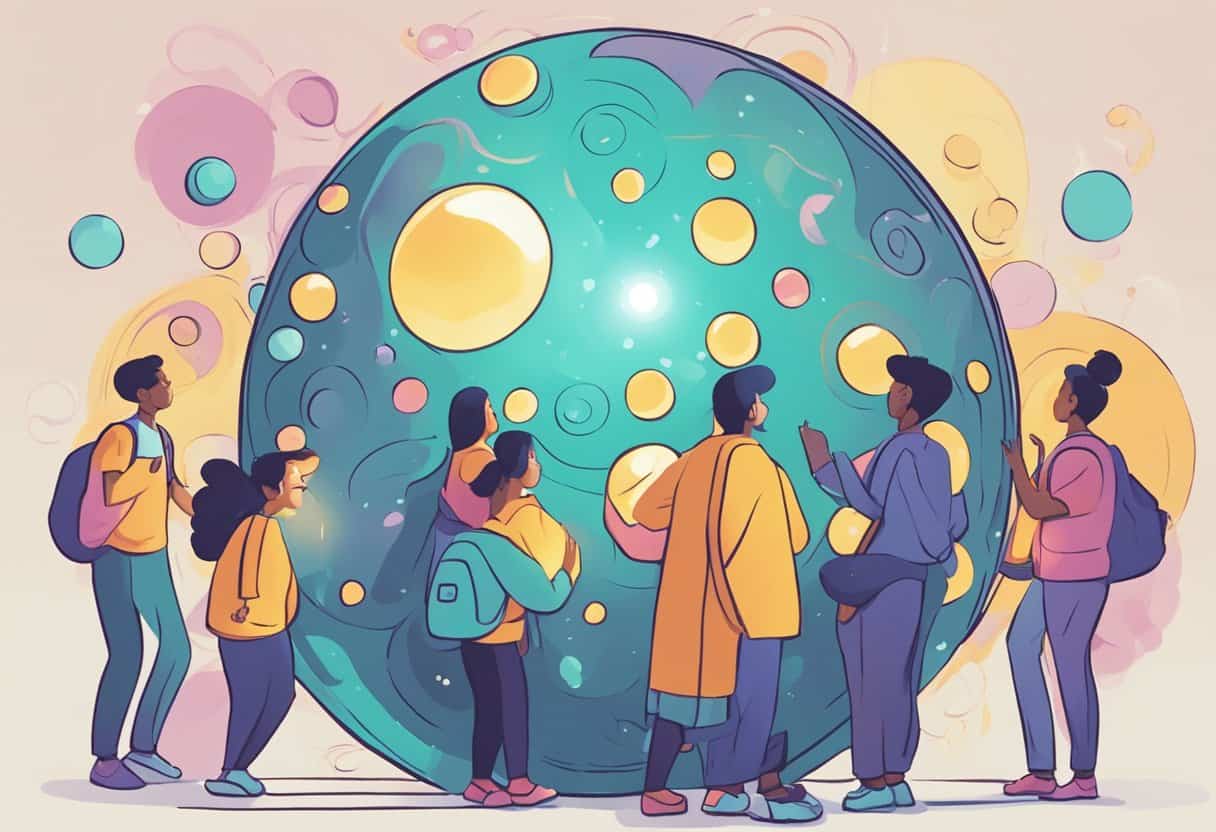 A group of devas gather around a glowing orb, surrounded by floating question marks. They appear curious and eager to answer questions
