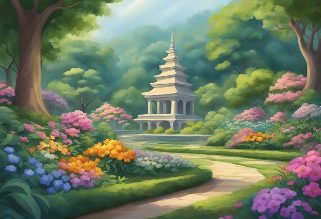 A serene garden with colorful flowers and lush greenery, where ethereal beings known as devas are depicted in a state of peaceful meditation and contemplation