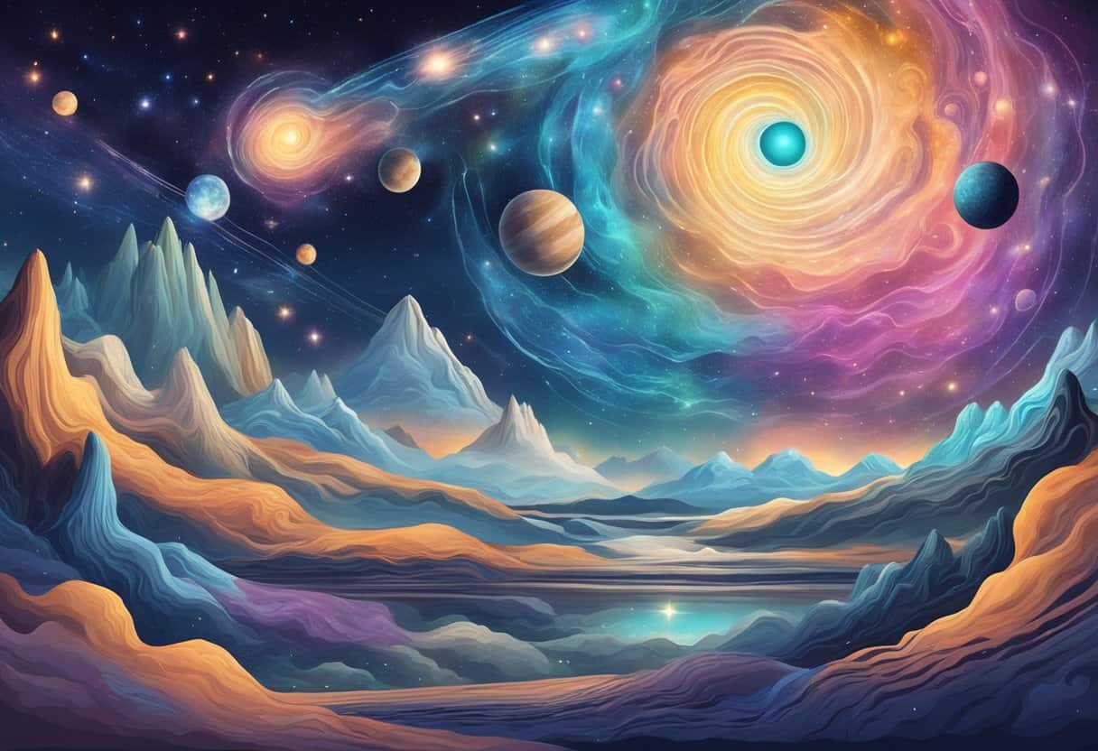 A cosmic landscape with swirling galaxies and celestial bodies, intertwined with abstract philosophical symbols and ancient mystical elements
