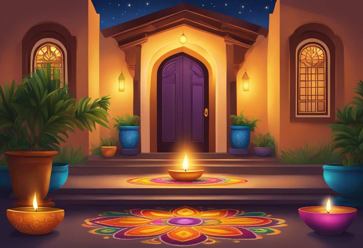 Colorful rangoli designs adorn the entrance of a home, diyas (oil lamps) flicker, and fireworks light up the night sky for Diwali