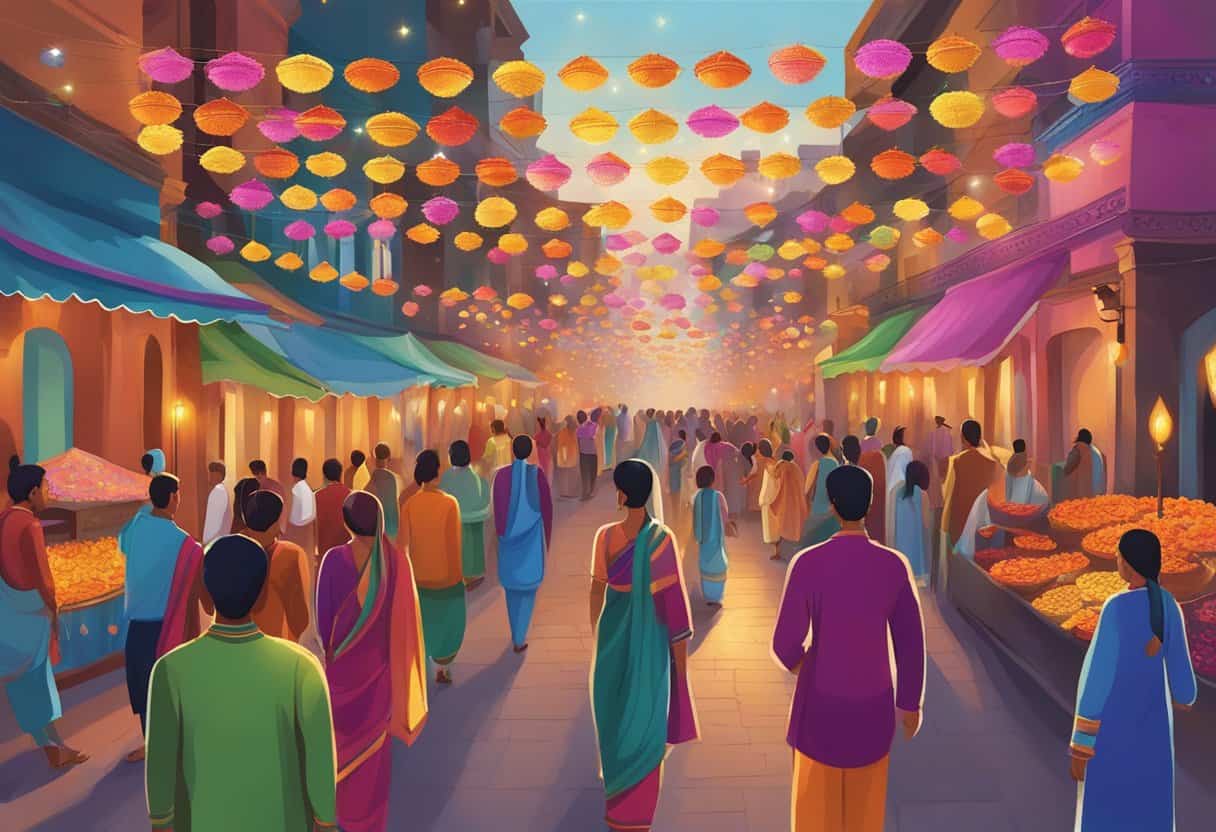 Colorful diwali decorations light up a bustling street, with vibrant traditional clothing and intricate rangoli designs adorning the ground