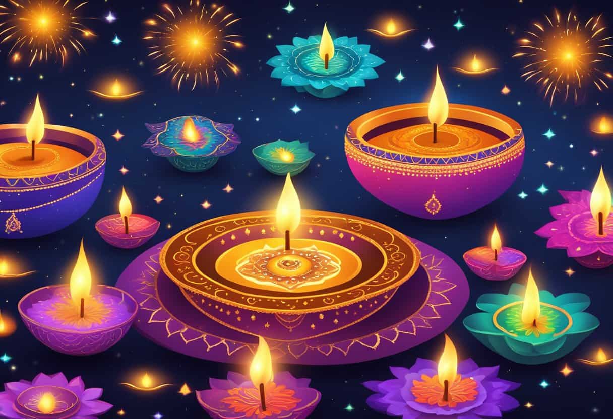 A colorful diwali celebration with lit oil lamps, rangoli designs, and fireworks illuminating the night sky