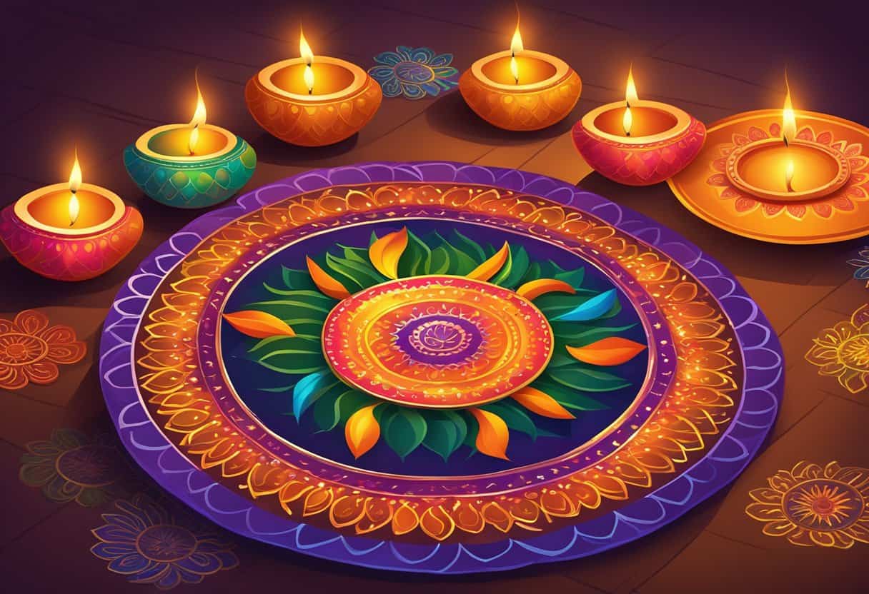 Colorful Diwali decorations fill the room, with vibrant lights, traditional diyas, and festive rangoli designs adorning the floor