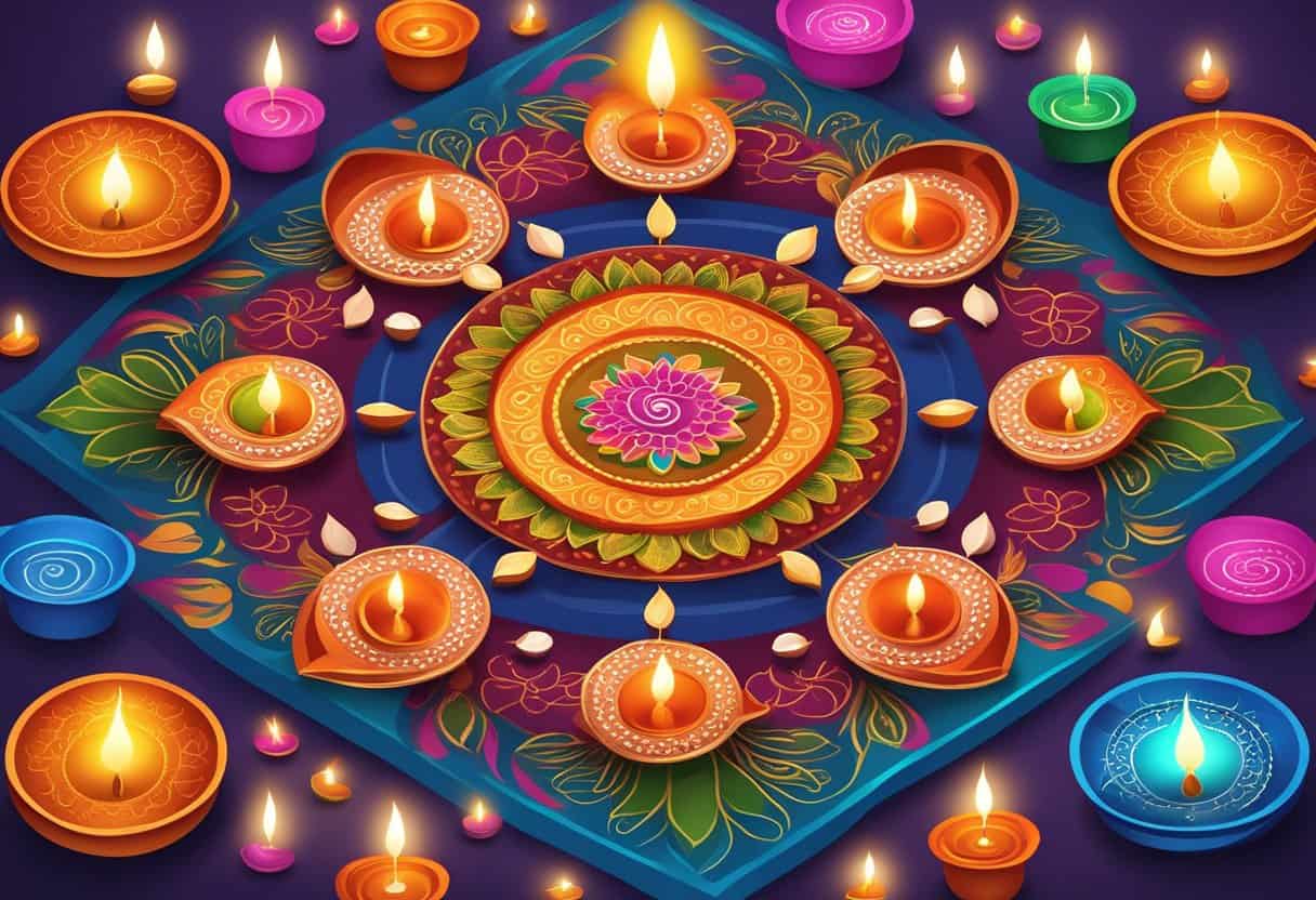 Colorful Diwali decorations and diyas illuminate a festive scene with rangoli designs and traditional sweets