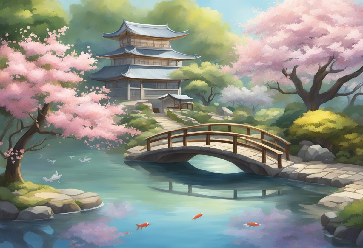 "Wen Tzu" - a serene garden with winding paths, blooming cherry blossom trees, and a tranquil pond with koi fish swimming gracefully