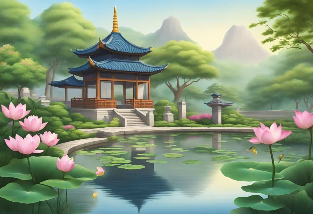 A serene garden with a tranquil pond, blooming lotus flowers, and a stone path leading to a traditional Chinese pagoda