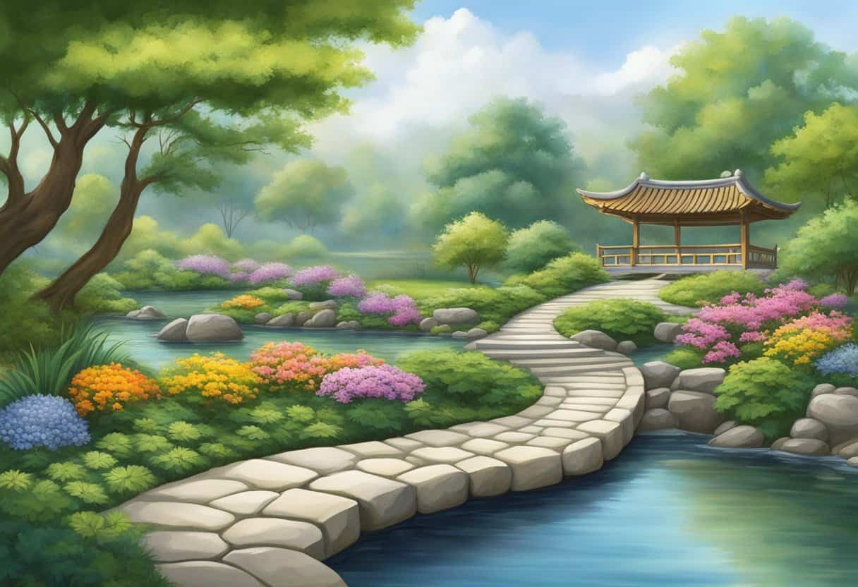 A serene garden with a stone path leading to a tranquil pond surrounded by lush greenery and blooming flowers, embodying the principles of harmony and balance found in the teachings of Wen Tzu