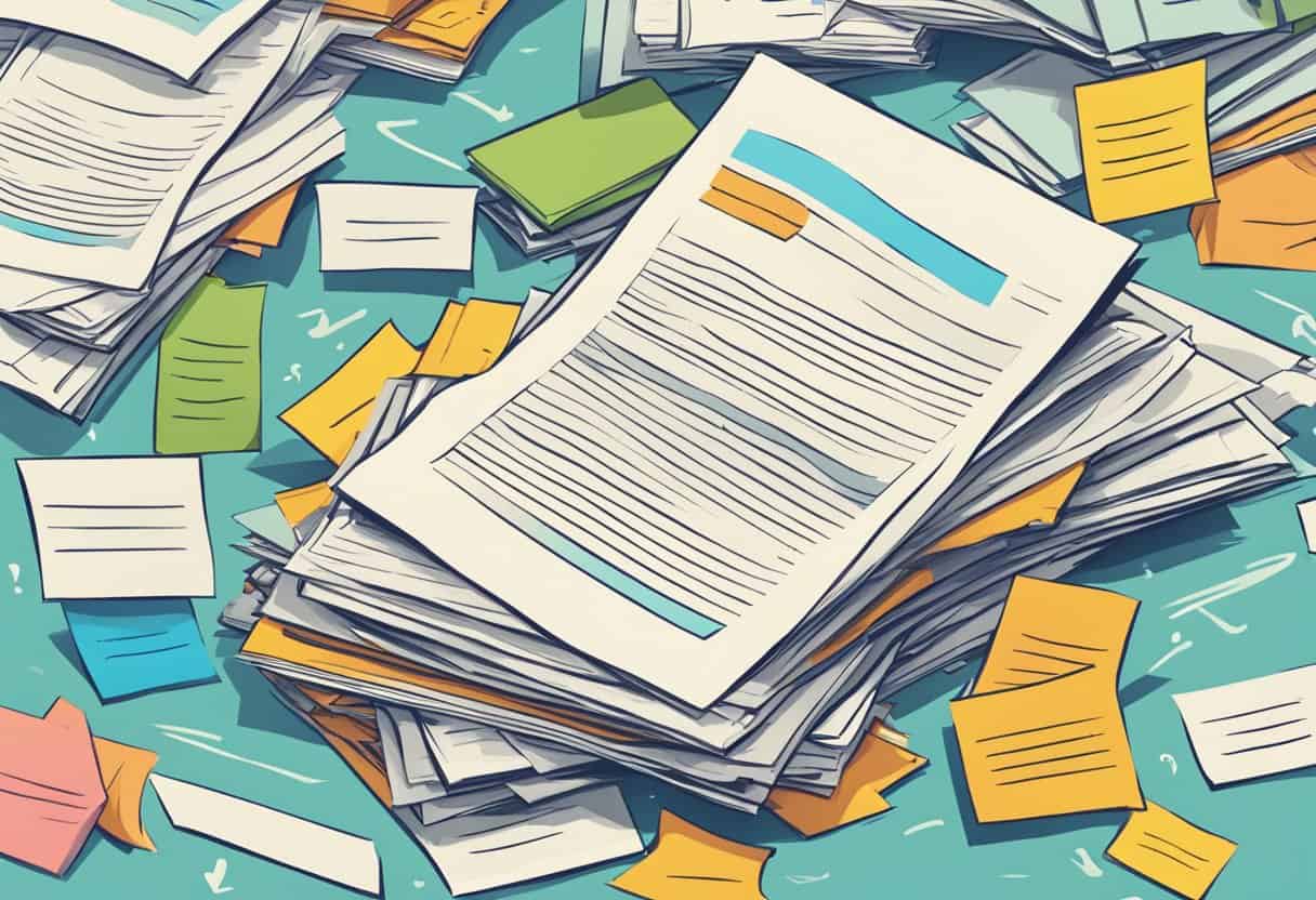 A stack of papers with "Frequently Asked Questions" printed on top, surrounded by various question marks and a puzzled expression