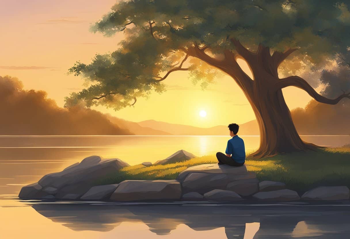 Lie Tse sits under a tree, contemplating nature and the passage of time. The sun sets in the background, casting a warm glow over the tranquil scene