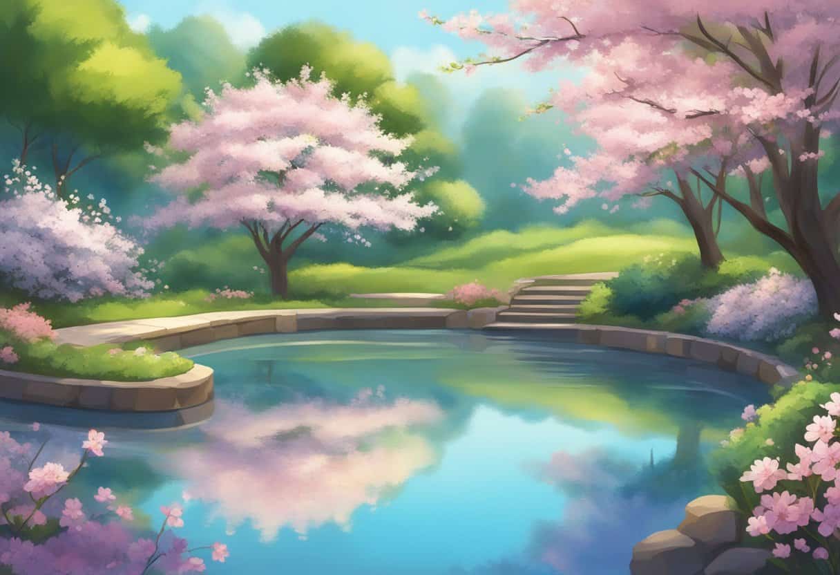 A serene garden with blooming cherry blossoms and a tranquil pond reflecting the clear blue sky, surrounded by lush greenery