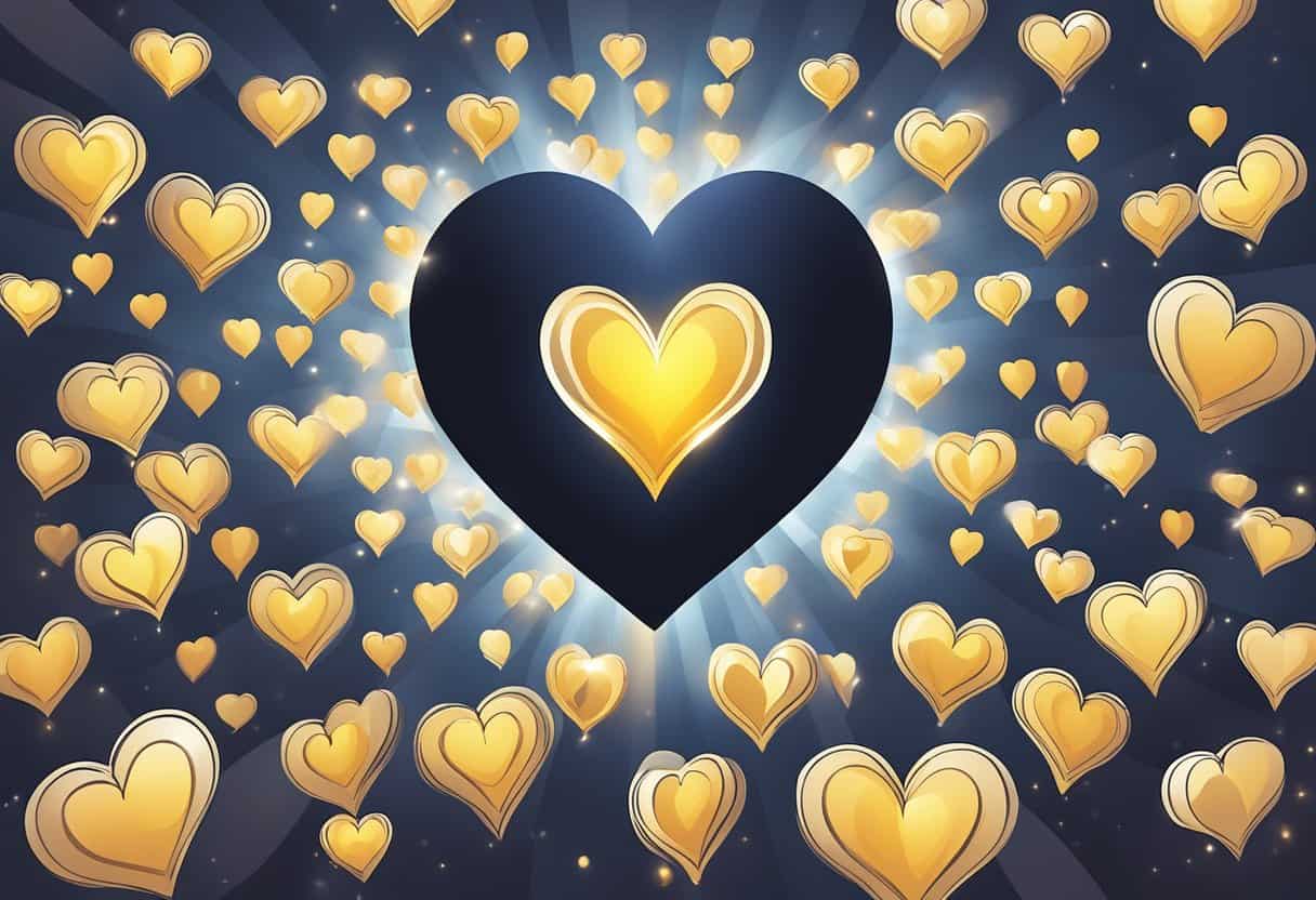 A radiant heart emitting light, surrounded by floating question marks