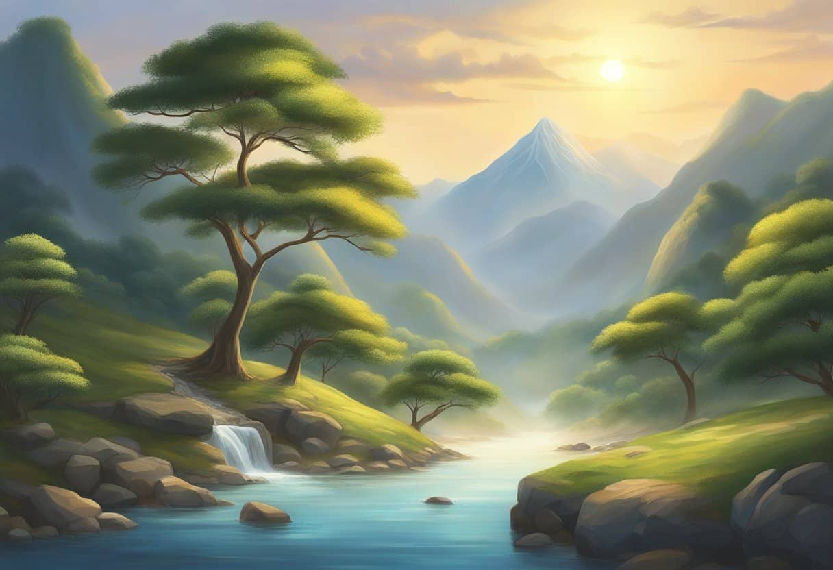 Lie Tse's teachings: serene mountains, flowing rivers, and ancient trees. The sun sets behind a tranquil landscape, evoking harmony and wisdom