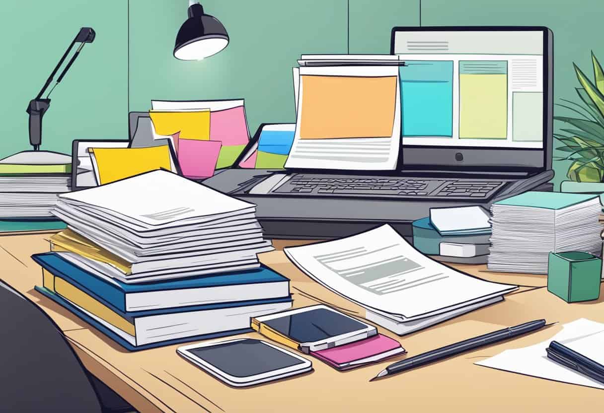 A stack of FAQ papers sits on a desk, surrounded by a computer, phone, and office supplies