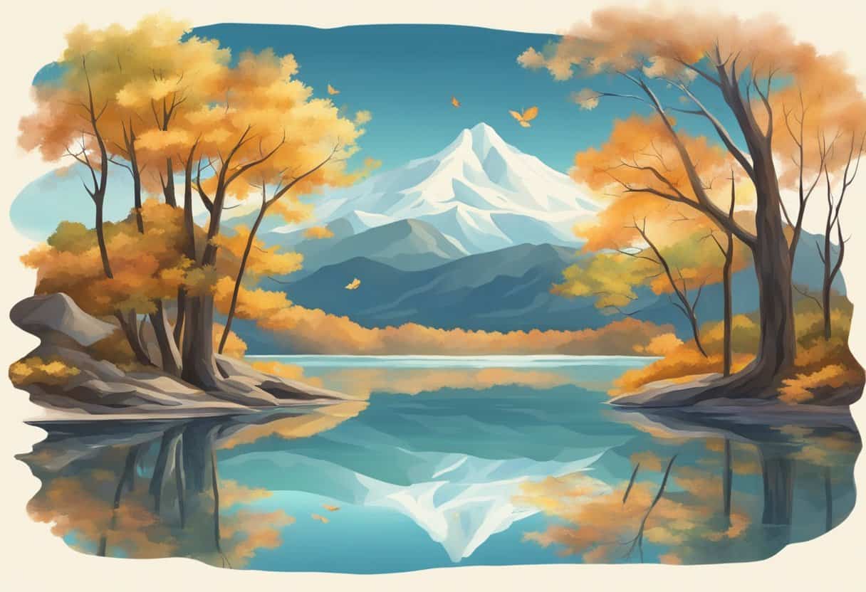 A serene lake reflects the surrounding mountains, while a gentle breeze rustles the leaves of ancient trees