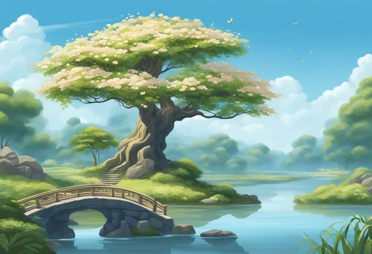 A serene garden with a flowing stream, blooming lotus flowers, and a wise old tree standing tall under the clear blue sky