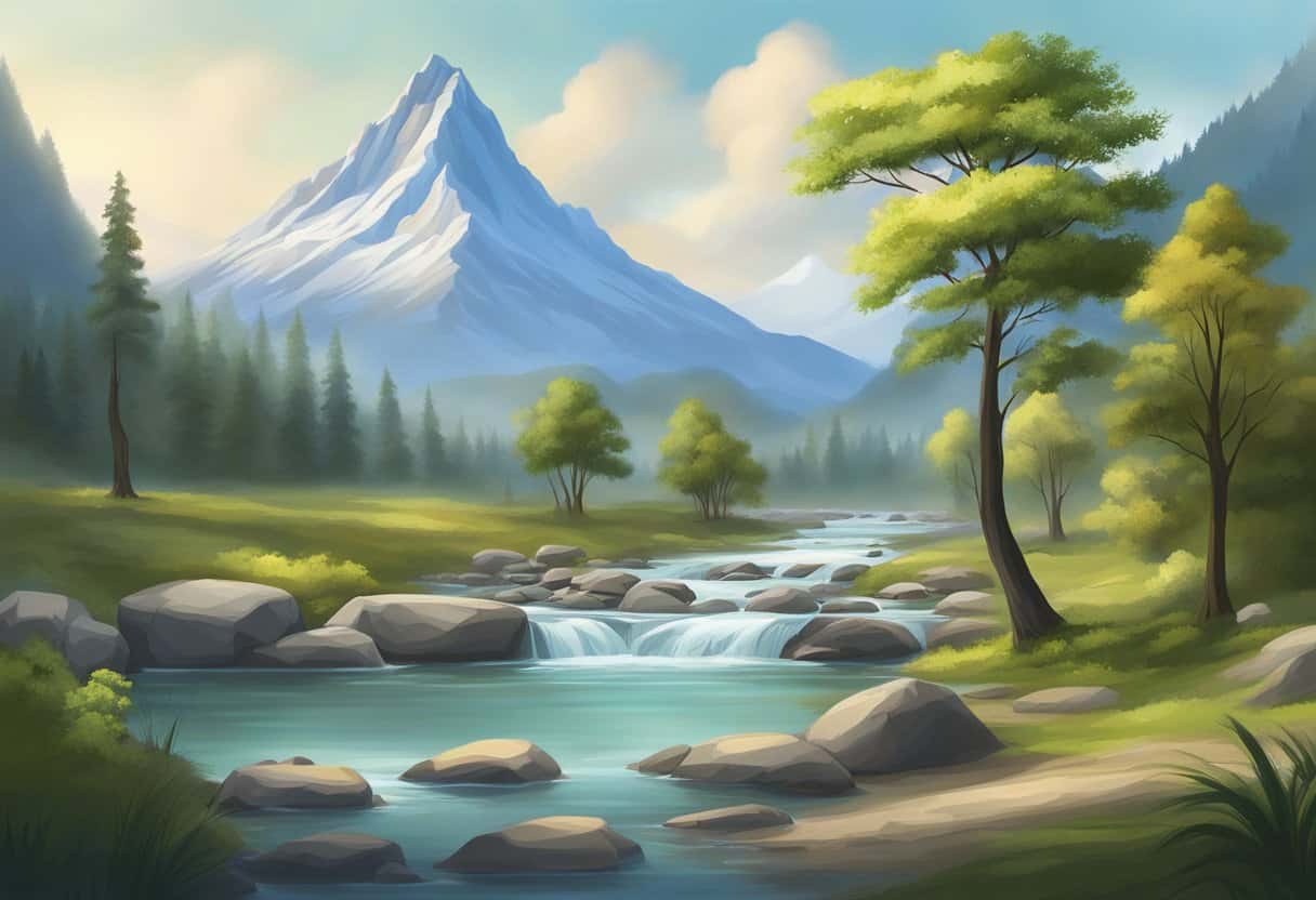 A serene mountain landscape with a flowing river, surrounded by ancient trees and a tranquil atmosphere