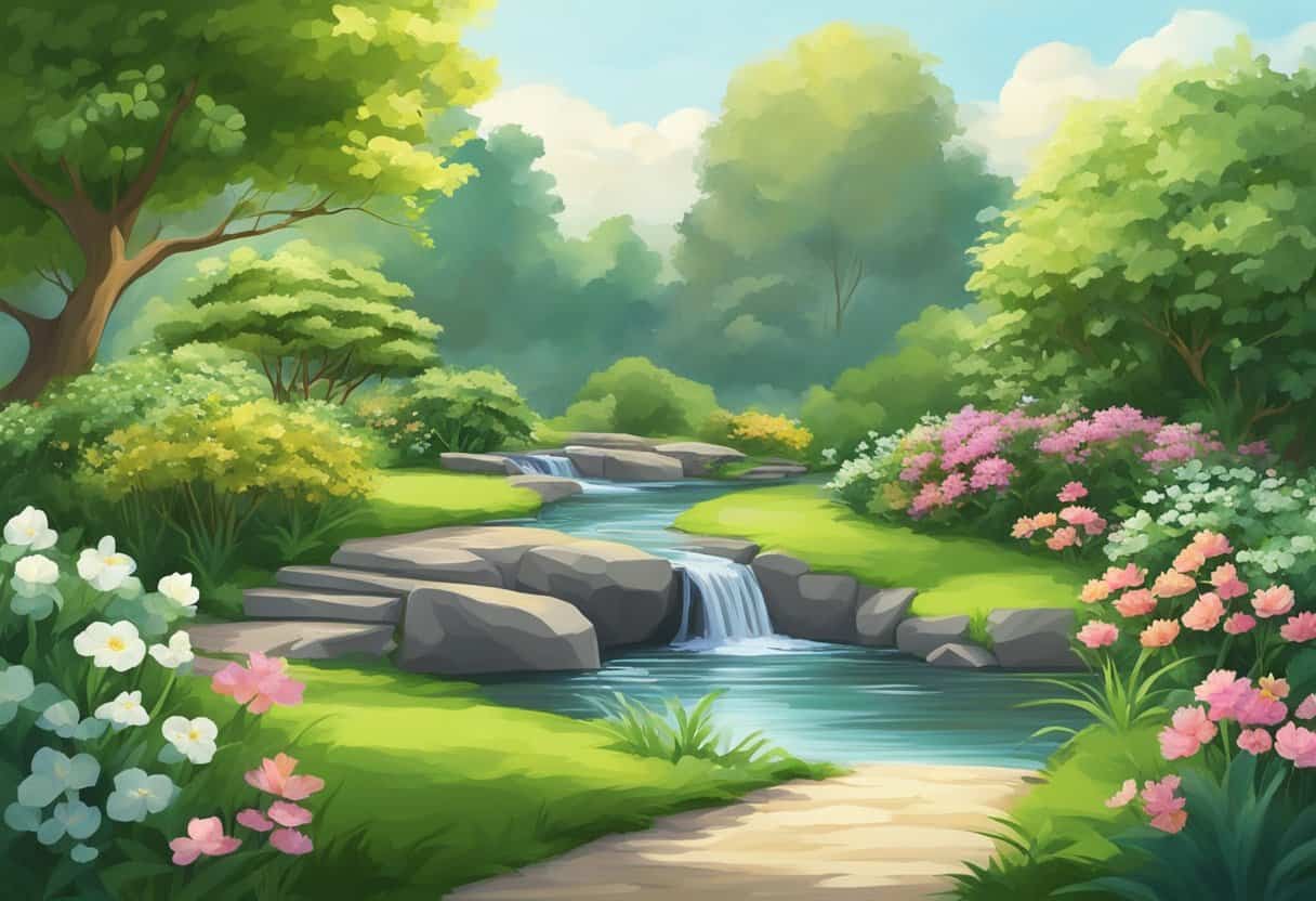 A serene garden with a flowing stream and lush greenery, a tranquil atmosphere with a sense of harmony and balance