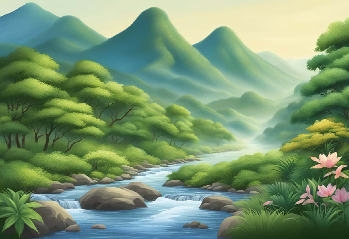 A serene landscape with a flowing river, lush mountains, and a tranquil forest, capturing the essence of "El Tao y su Naturaleza tao te ching."