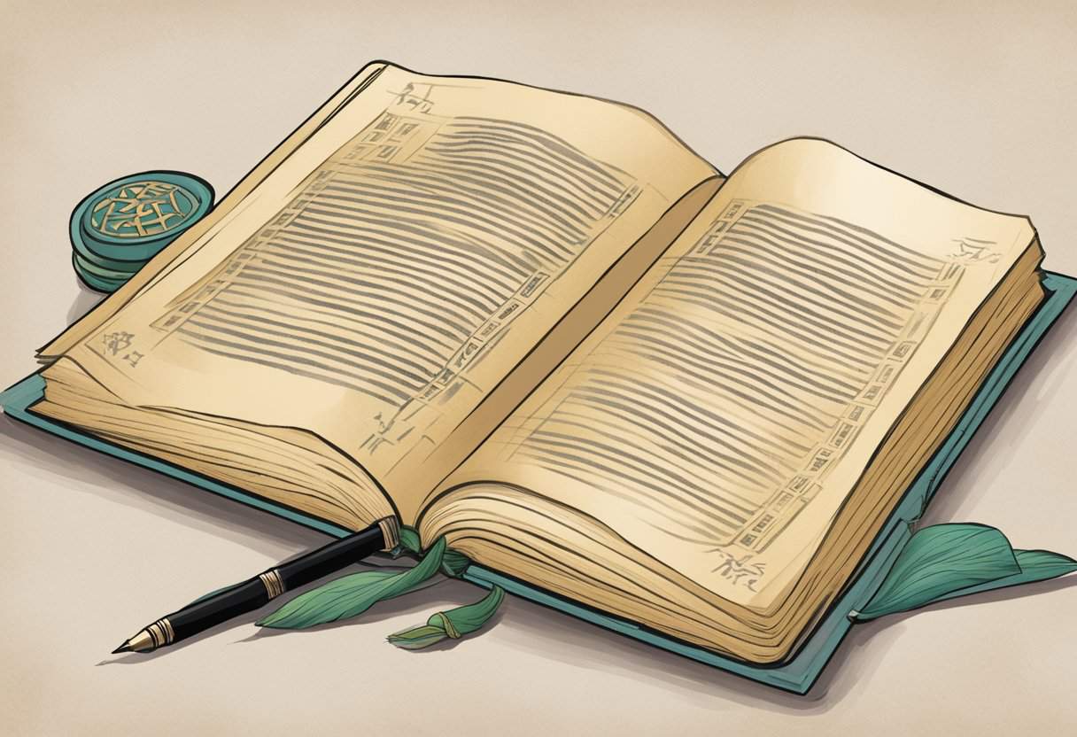 The tao te ching book sits on a wooden table, surrounded by open pages and a pen resting on top