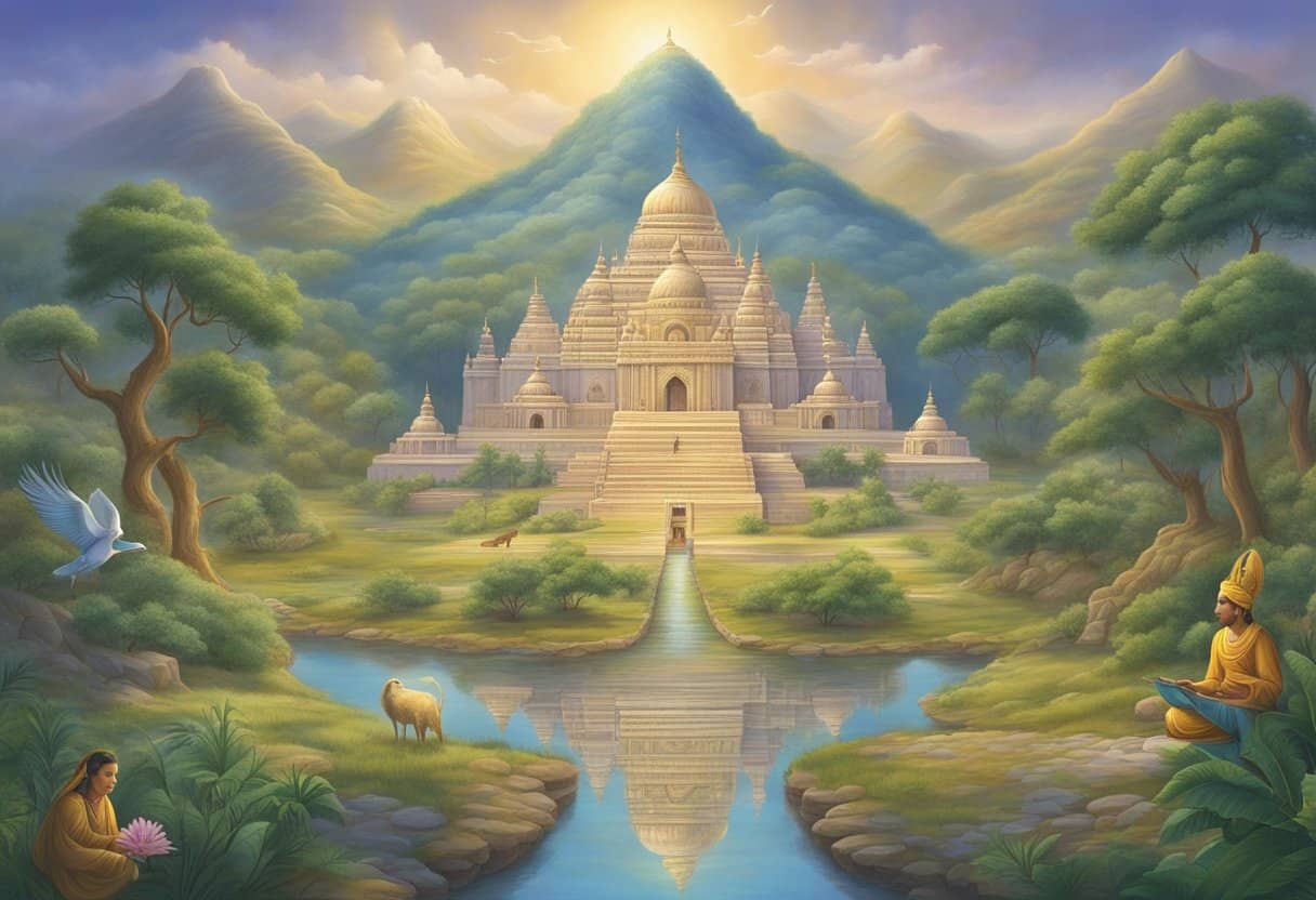 Ancient Indian scripture and teachings, with symbolic imagery and divine beings, set in a serene and mystical landscape