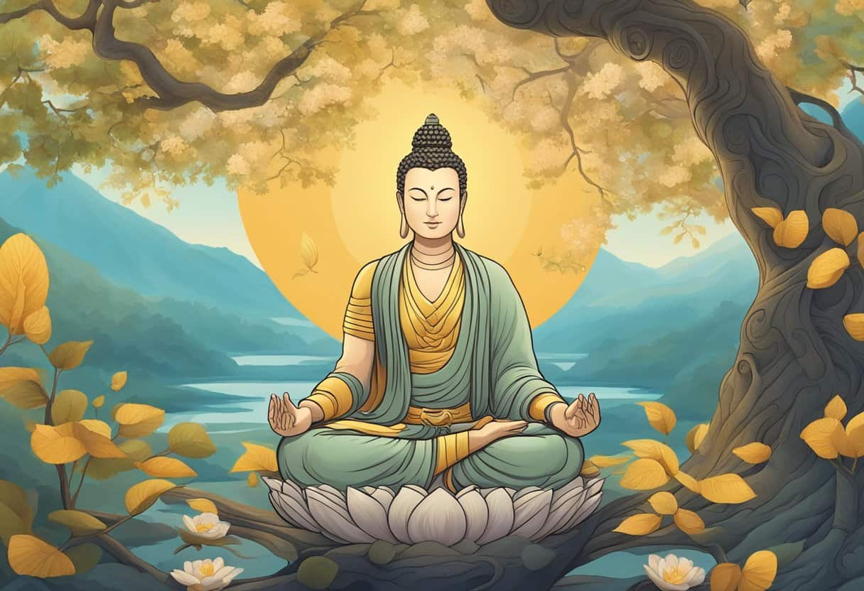A serene bodhisattva meditates under a bodhi tree, surrounded by symbols of cultural and artistic influence