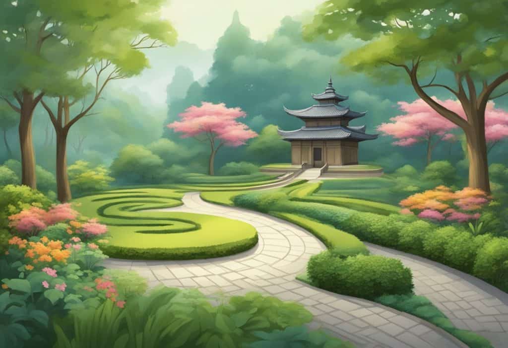A serene garden with a winding path, symbolizing the journey of obstacles and achievements in Sambodhi Buddhism