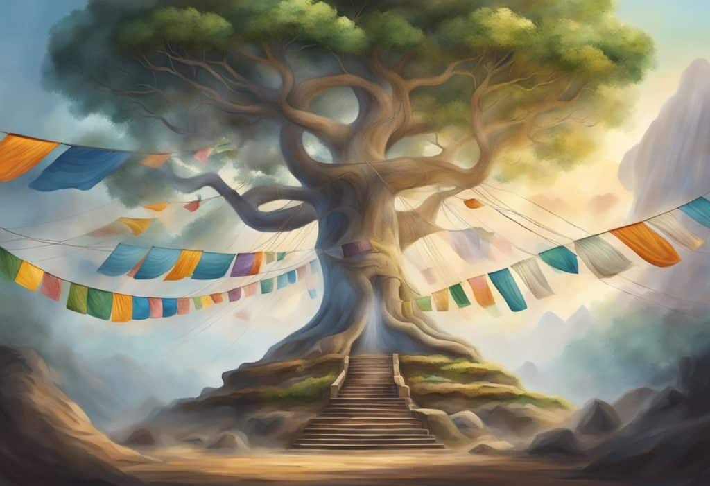 A serene Bodhi tree stands tall, surrounded by fluttering prayer flags and incense smoke, symbolizing the influences and legacy of Sambodhi in Buddhism