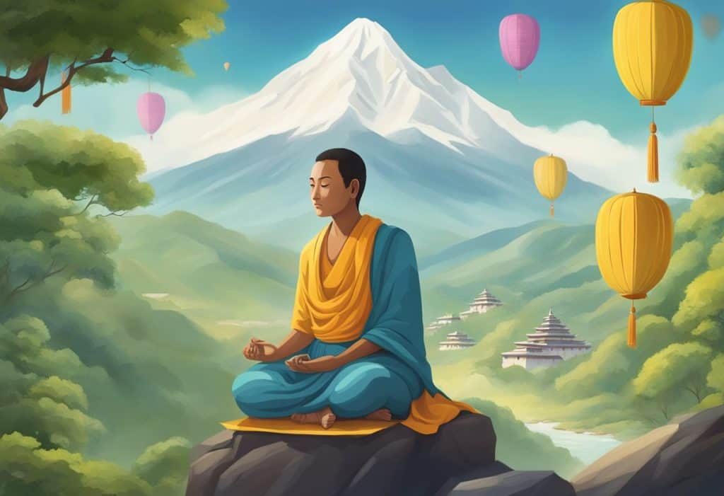 A serene Bodhi tree stands tall, surrounded by fluttering prayer flags and incense smoke, symbolizing the influences and legacy of Sambodhi in Buddhism
